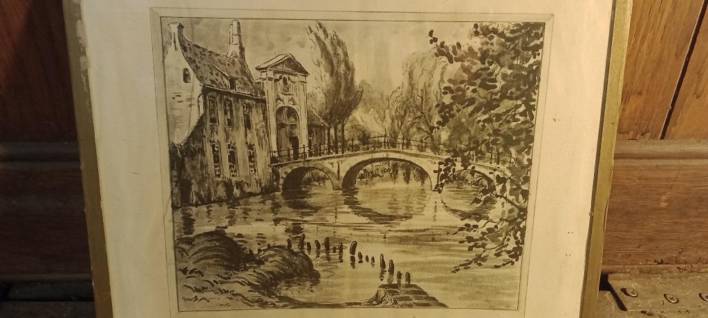 Lithografie gesignerd Albert Goethals-Gezicht op Brugge,n417, Antiek en Kunst, Ophalen of Verzenden, Landschap, Gravure