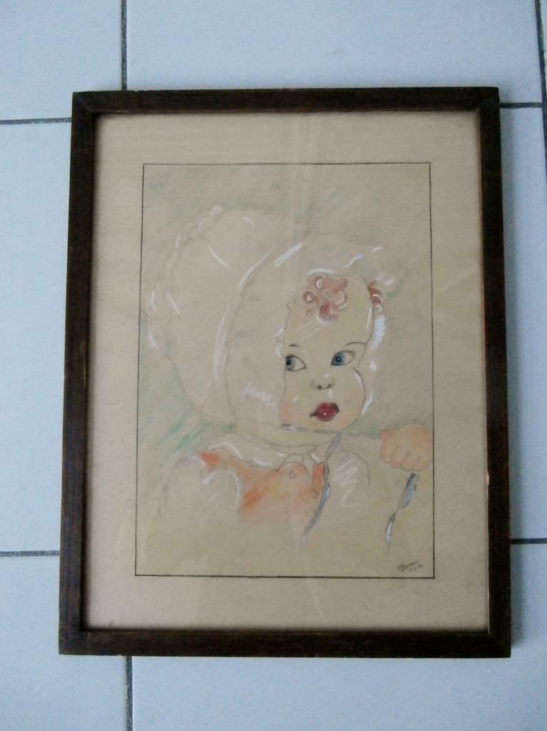 F. Hermans " Baby met hoofddeksel "gekleurde potloodtekening, Antiek en Kunst, Ophalen of Verzenden