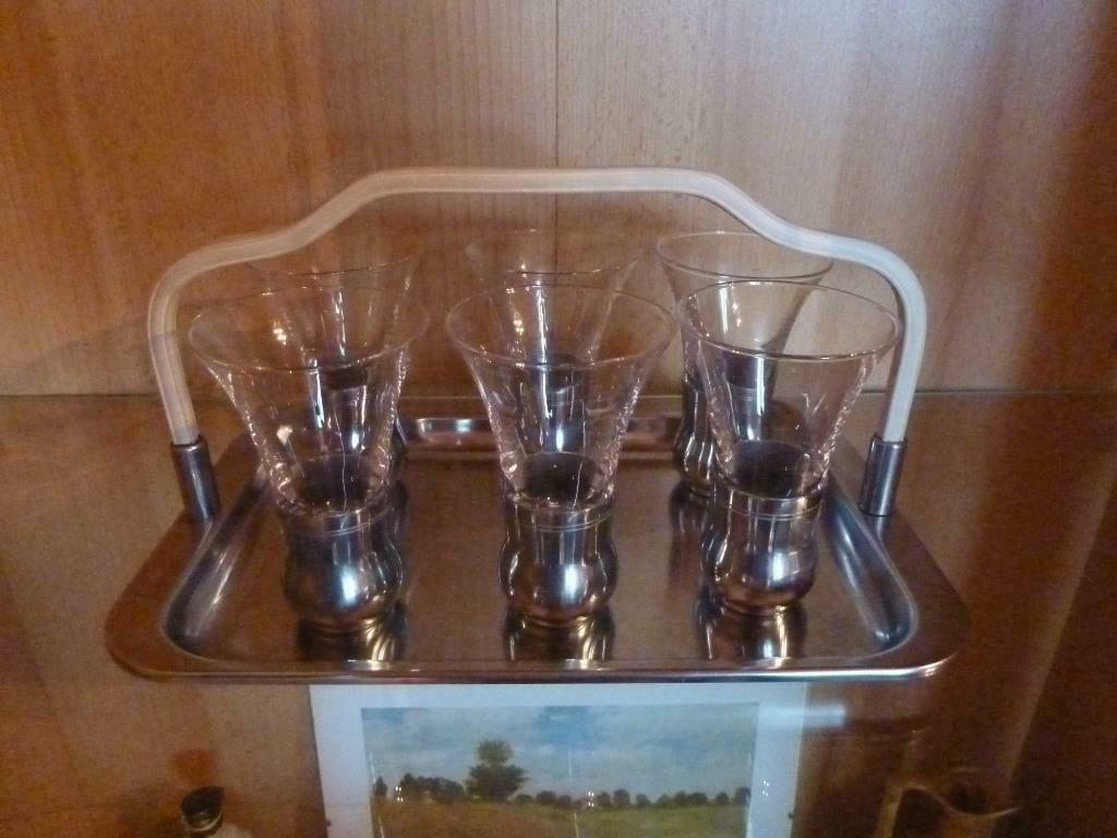 6 aperitiefglazen op een Demeyere merkplateau, Glas of Glazen, Ophalen of Verzenden, Overige stijlen, Glas