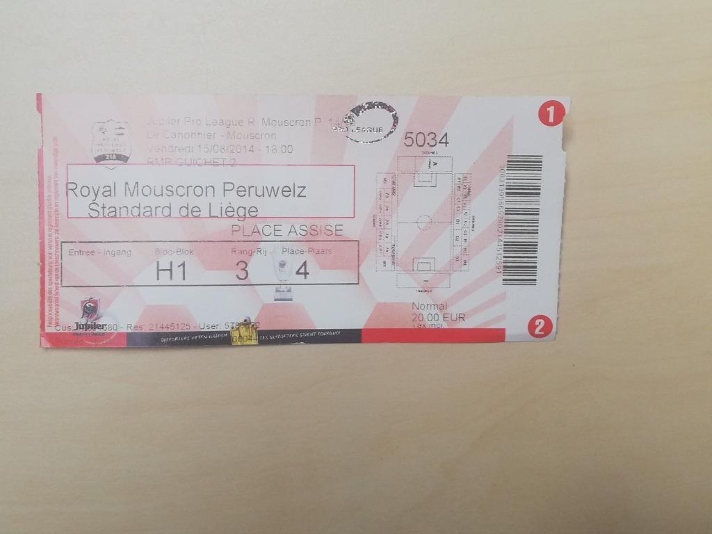 ticket football Royal Mouscron Péruwelz Standard de Liège 14, Collections, Articles de Sport & Football, Enlèvement ou Envoi