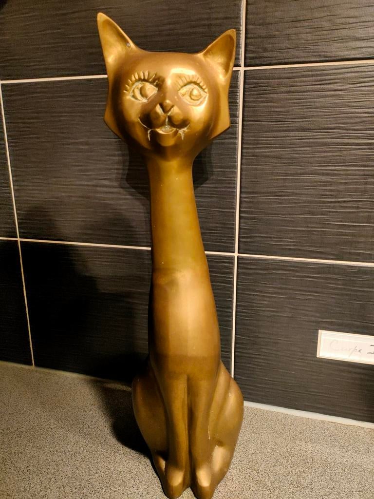 Vintage messing standbeeld zittende kat, Tuin en Terras, Tuinbeelden, Ophalen