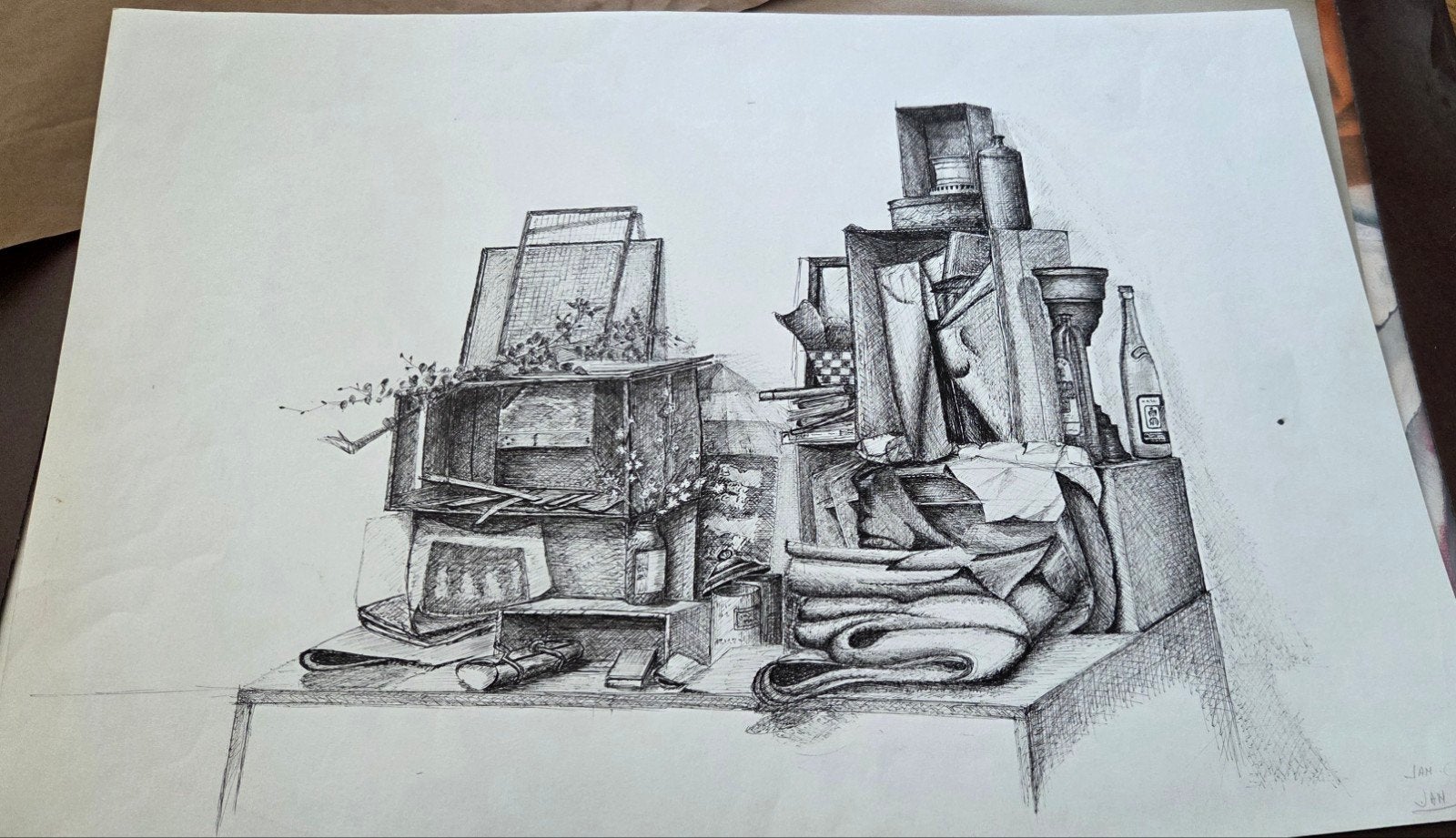 dessin à la plume nature morte - 70 x 50 cm - signé, Enlèvement ou Envoi, Dessin à la plume