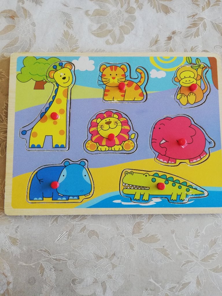 puzzle en bois avec incrustation d'animaux sauvages, Enlèvement ou Envoi, Utilisé, 6 mois à 2 ans, Moins de 10 pièces
