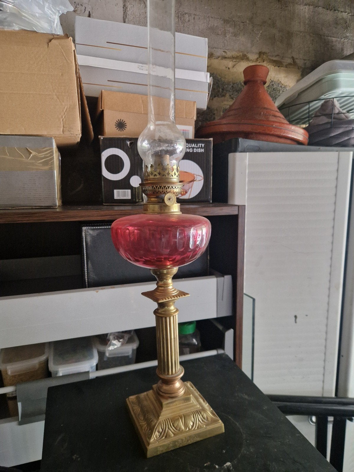 ORIGINELE VICTORIAANSE OLIELAMP, Goud, Ophalen, Glas, Olielamp