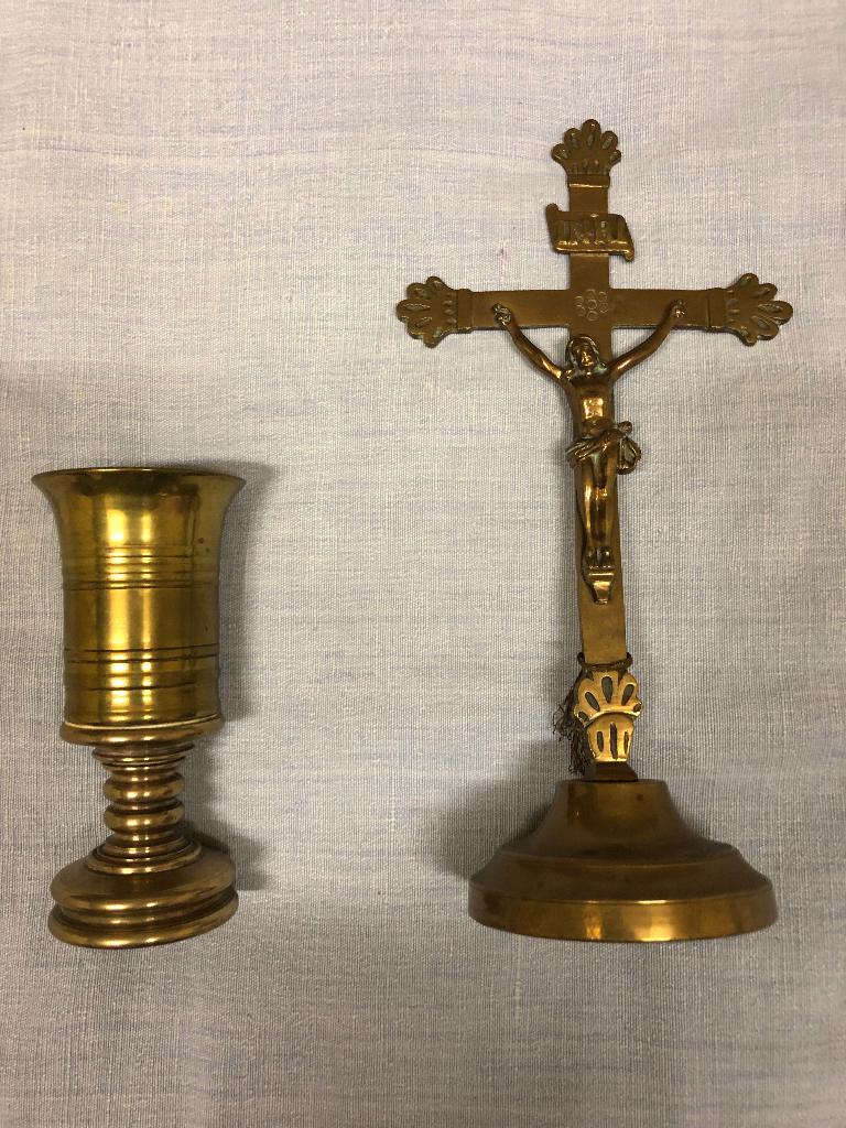 Set religieuze vwpn kelk en kruis brons en koper, Antiek en Kunst, Antiek | Religieuze voorwerpen, Ophalen of Verzenden
