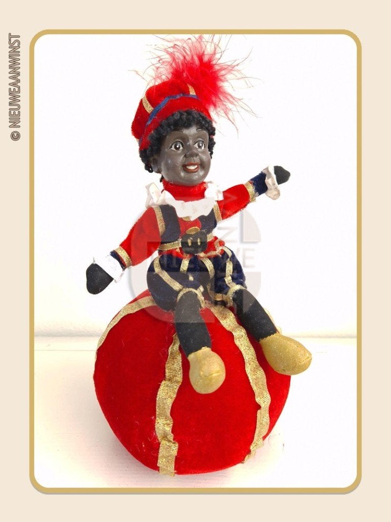 Nostalgische etalage Piet pop fluwelen bal - rood/blauw 20cm, Verzenden, Zo goed als nieuw