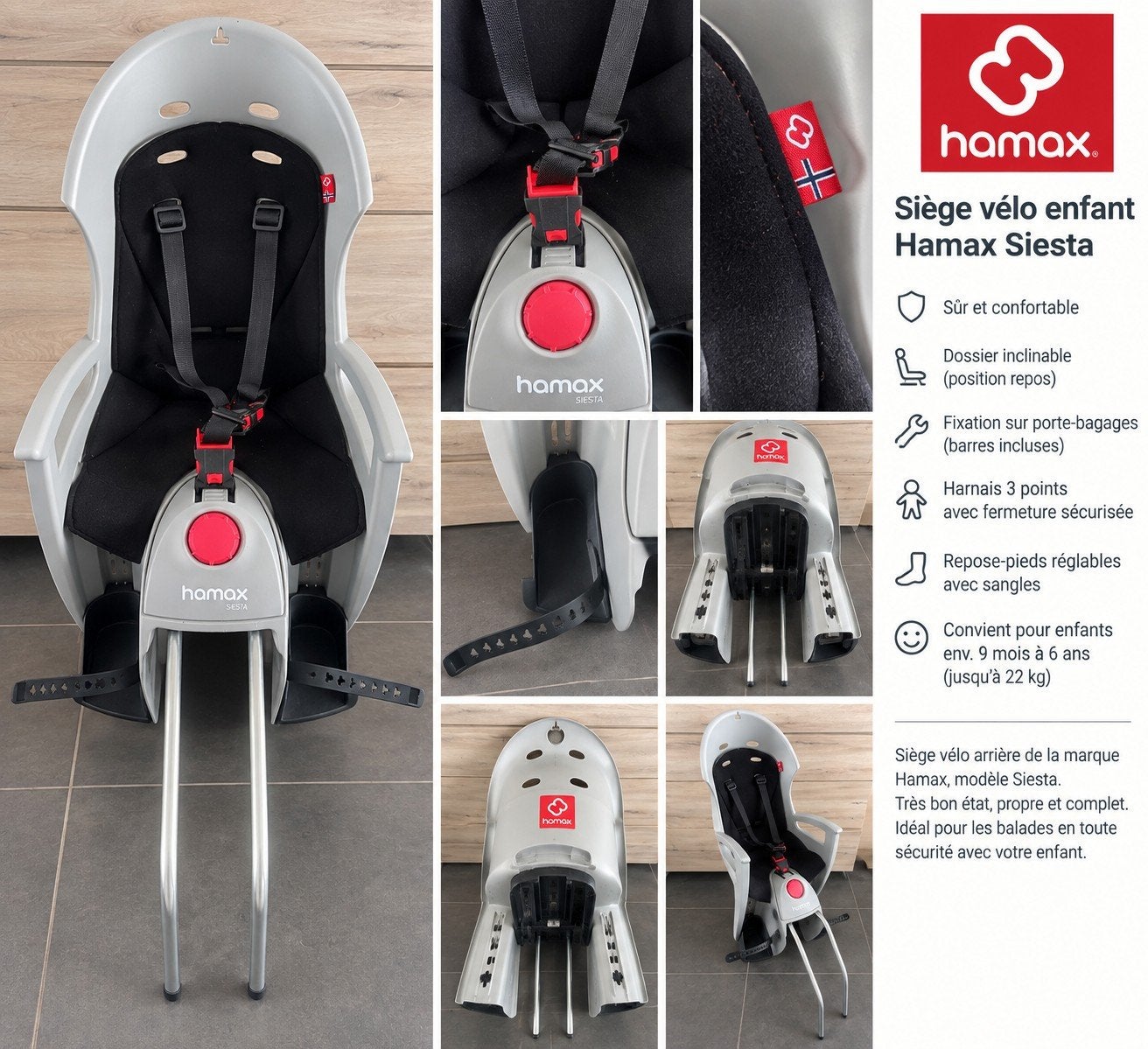 Siège vélo enfant HAMAX Siesta inclinable – complet – max. 2, Enlèvement, Comme neuf