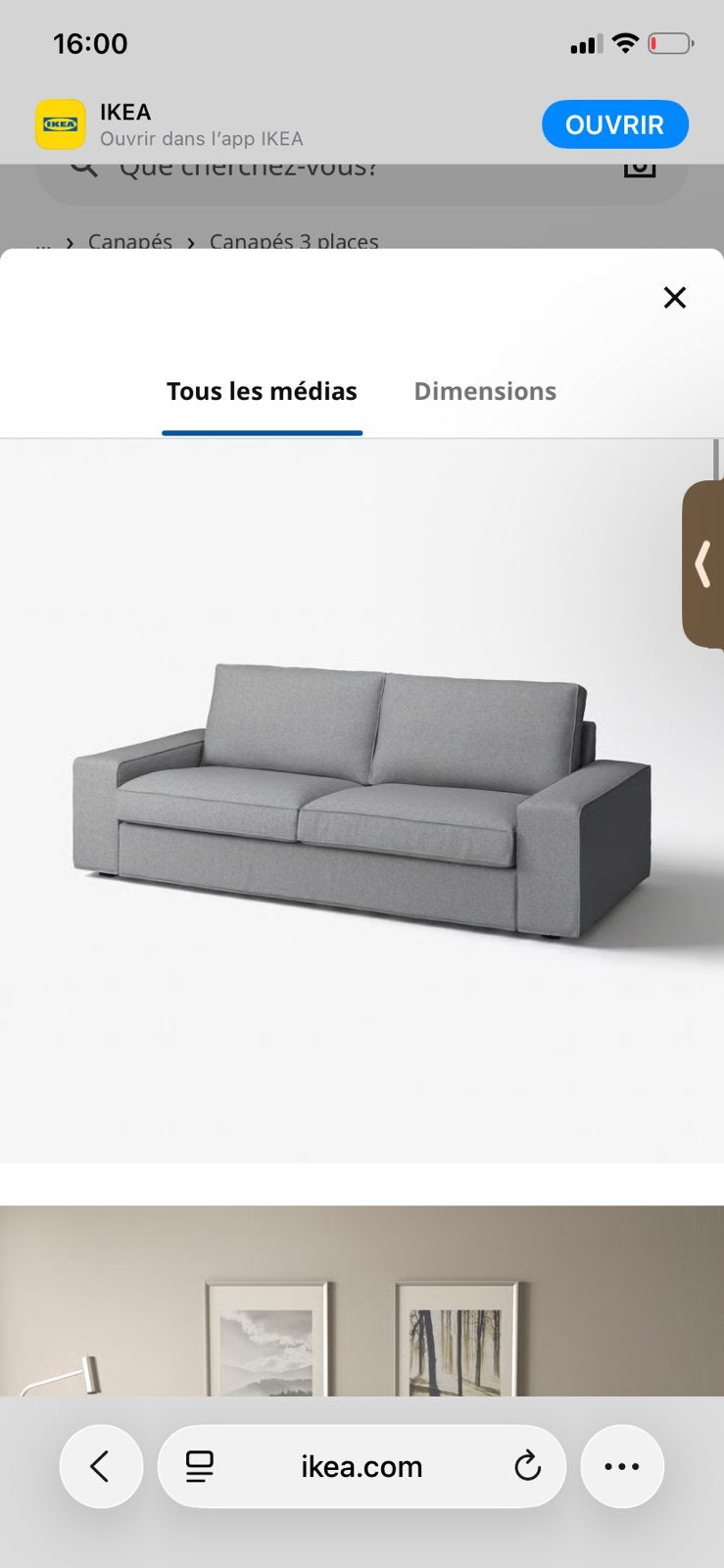 Canapé kivik 3 places, Maison & Meubles, 200 à 250 cm, Banc droit, Comme neuf, Enlèvement