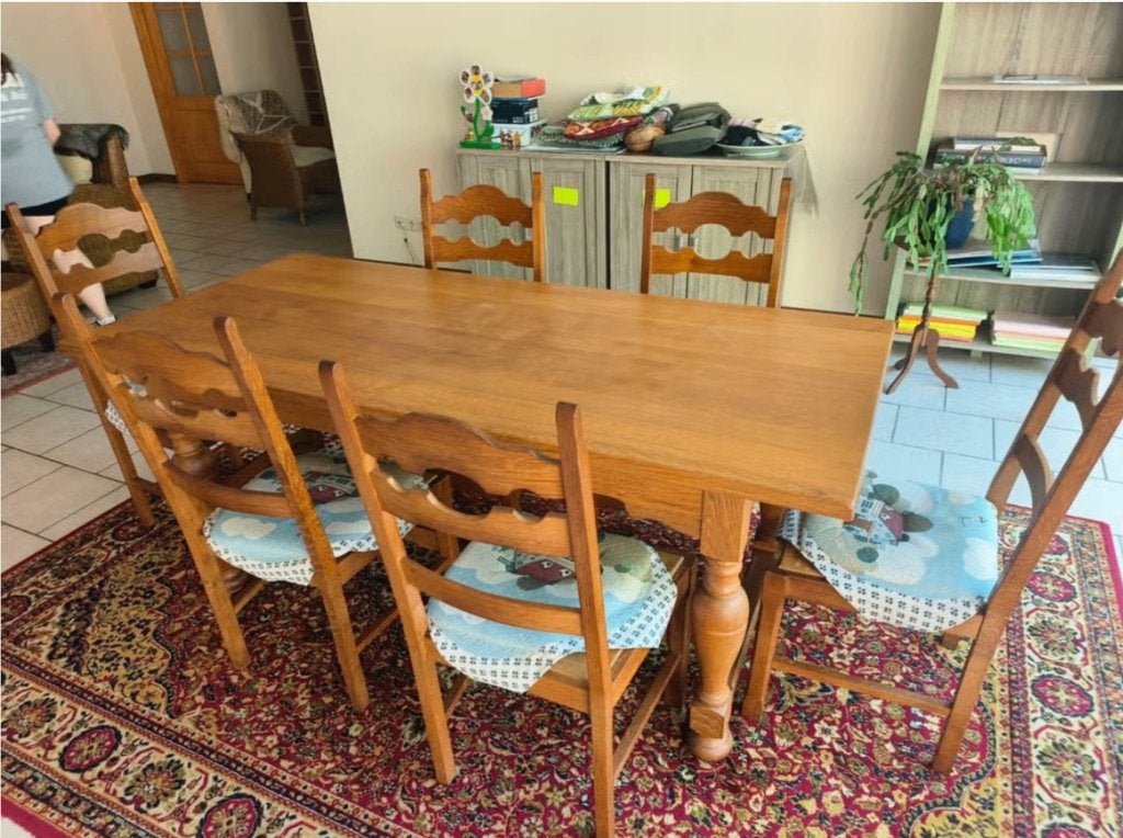 Table de salle à manger + 6 chaises, 150 à 200 cm, Cinq personnes ou plus, Comme neuf, Enlèvement