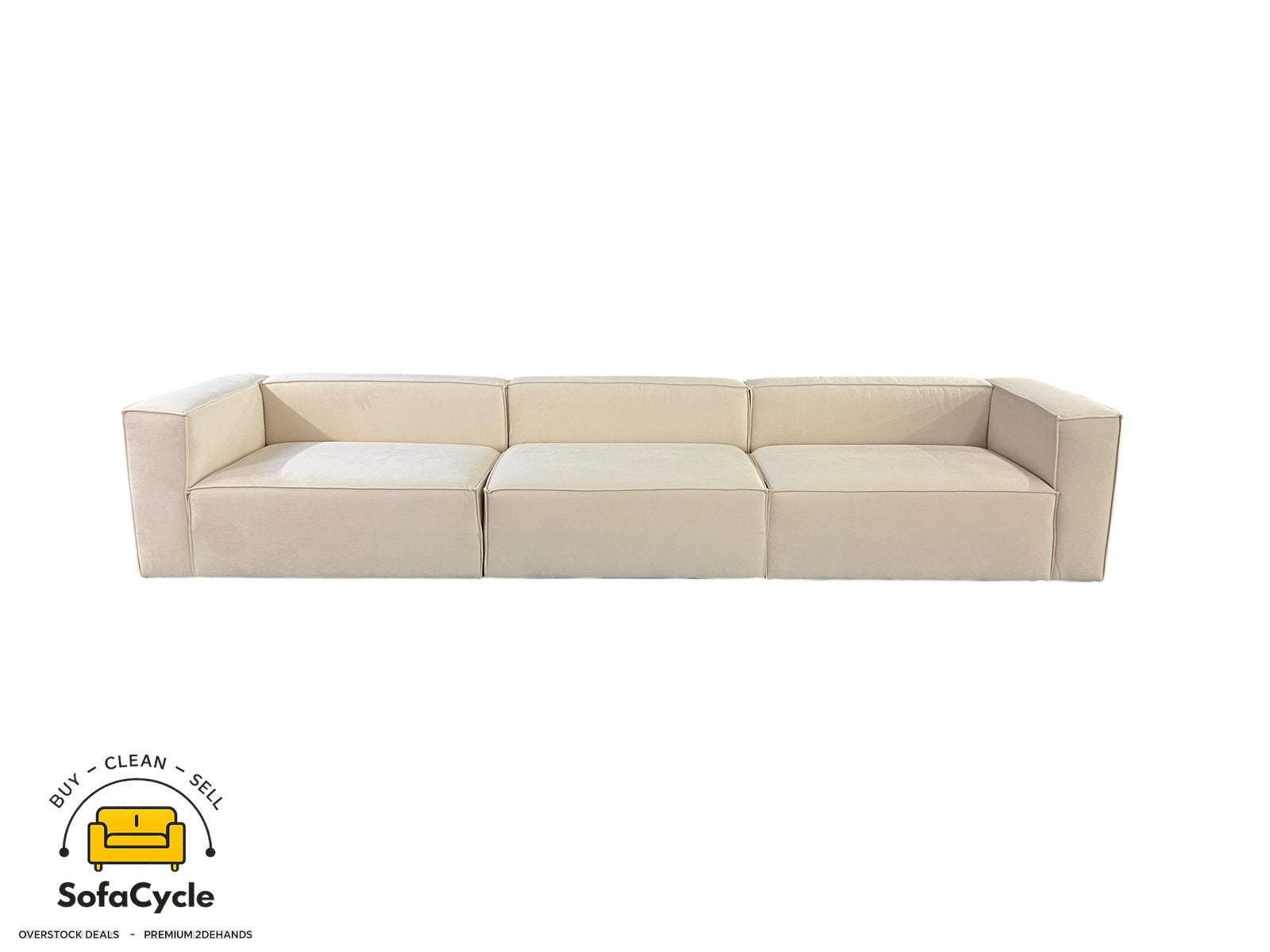4 places beige en velours, modulable — Overstock/Sofacycle, Enlèvement ou Envoi, Comme neuf, SofaCycle, Info@sofacycle.be