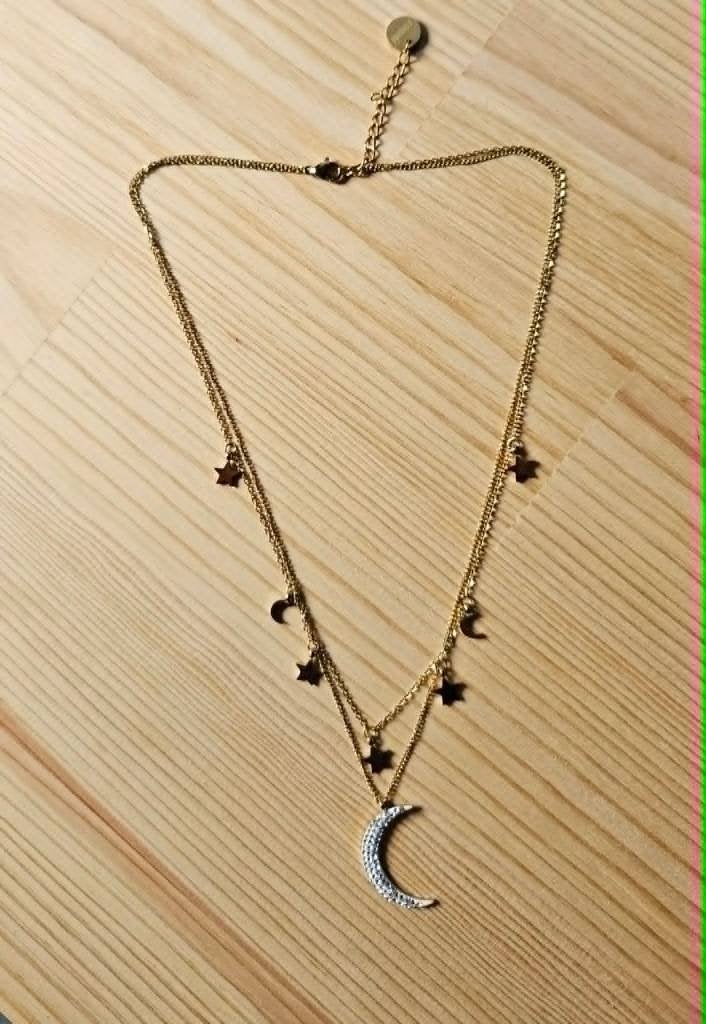Collier pendentif double acier inoxydable lunes étoiles, Enlèvement ou Envoi, Comme neuf, Avec strass