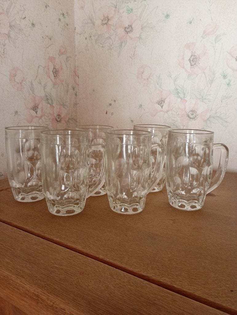 6 oude glazen bier pullen mugs, Verzamelen, Ophalen, Zo goed als nieuw, Bierglas