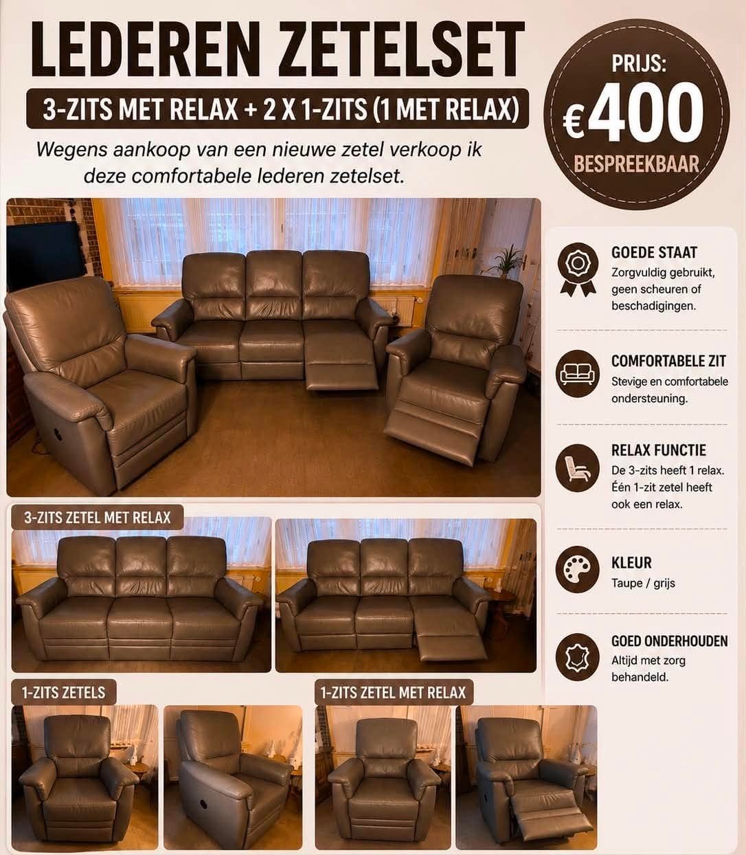 Leder 3-zit+2x1 zit. (2x elec. Relax), Ophalen