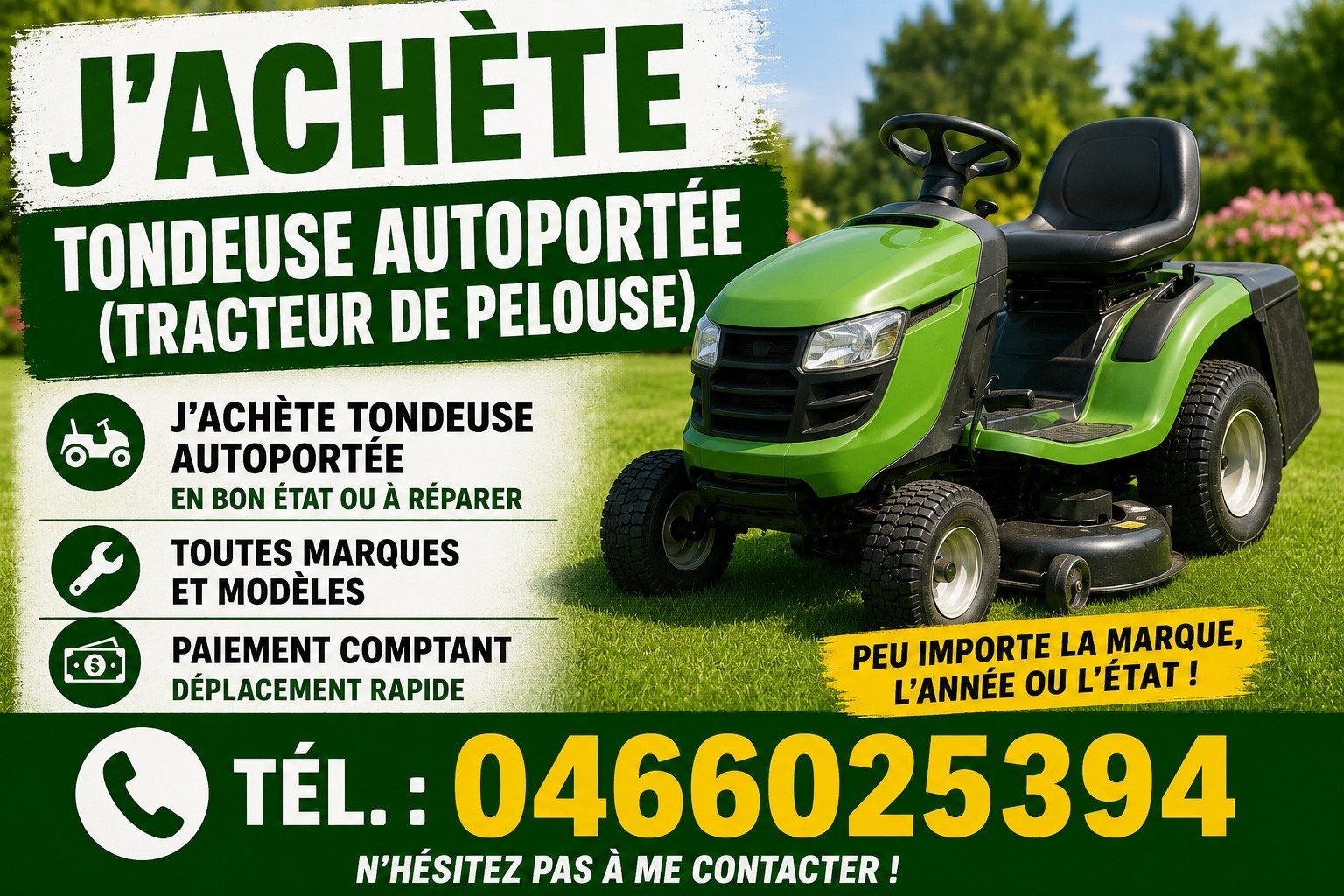J'achete tout le type de Tracteure tondeuse dans tout region, Enlèvement