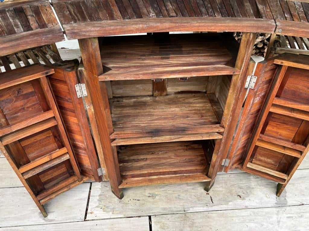 Buitenbar met twee krukker teakhout, Tuin en Terras, Ophalen, Gebruikt, Hout