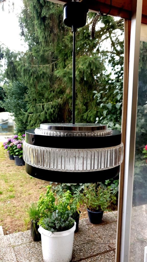 Grote, unieke 50 jaren lamp van glas met zwart ijzer. De tot, Huis en Inrichting, Lampen | Hanglampen, Ophalen, Zo goed als nieuw