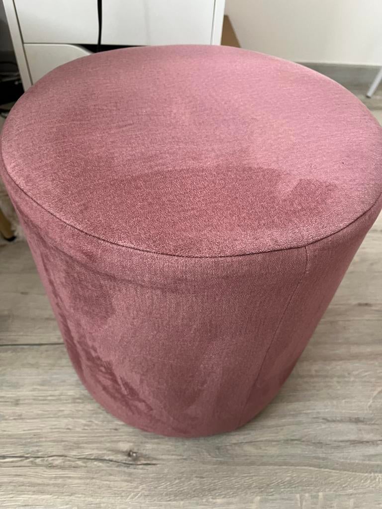 Pouf rond velours rose Ø35 x H43 cm – très bon état, Enlèvement, Comme neuf, Rond