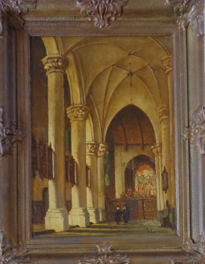 SCHUURMAN / BINNENZICHT KERK / OLIEVERF DOEK / 88x68cm KADER, Ophalen, Doek, Bijzondere lijst, Olieverf