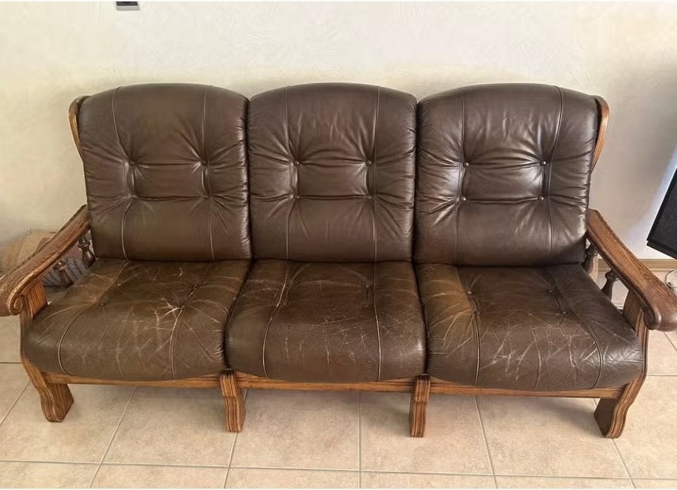 ️ Vintage lederen 3-zit met massief houten frame | Retro, Ophalen