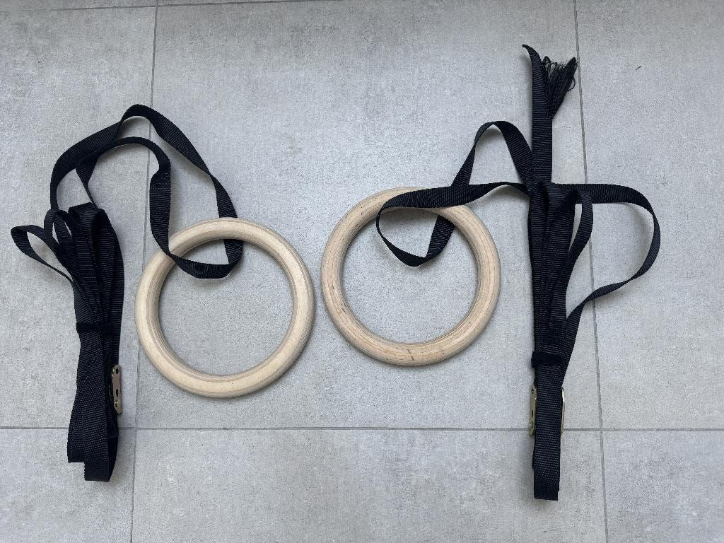 Houten gymnastiekringen met straps – gebruikt, Ophalen of Verzenden, Gebruikt, Overige materialen, Overige typen