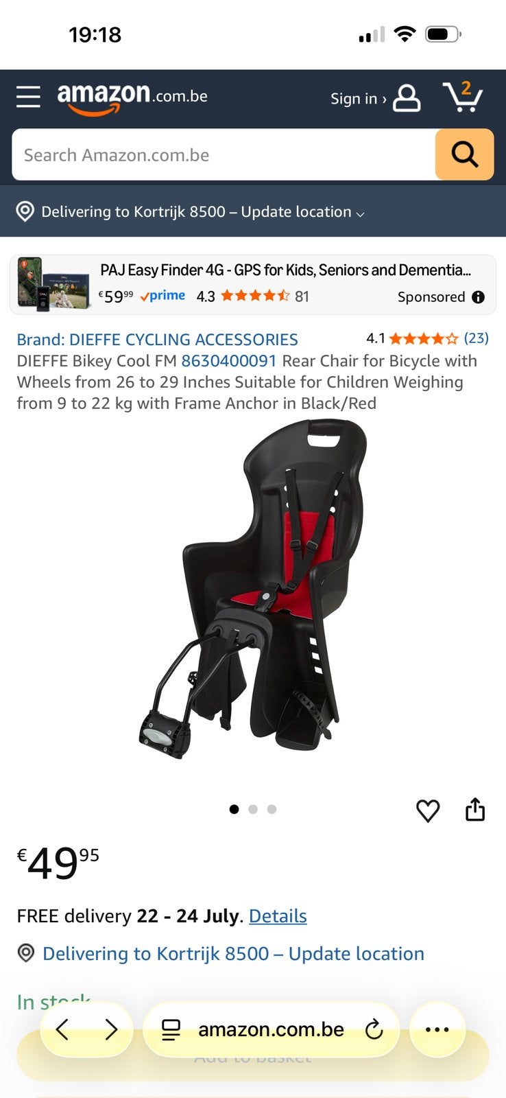 Fiets stoel, Enlèvement, Comme neuf