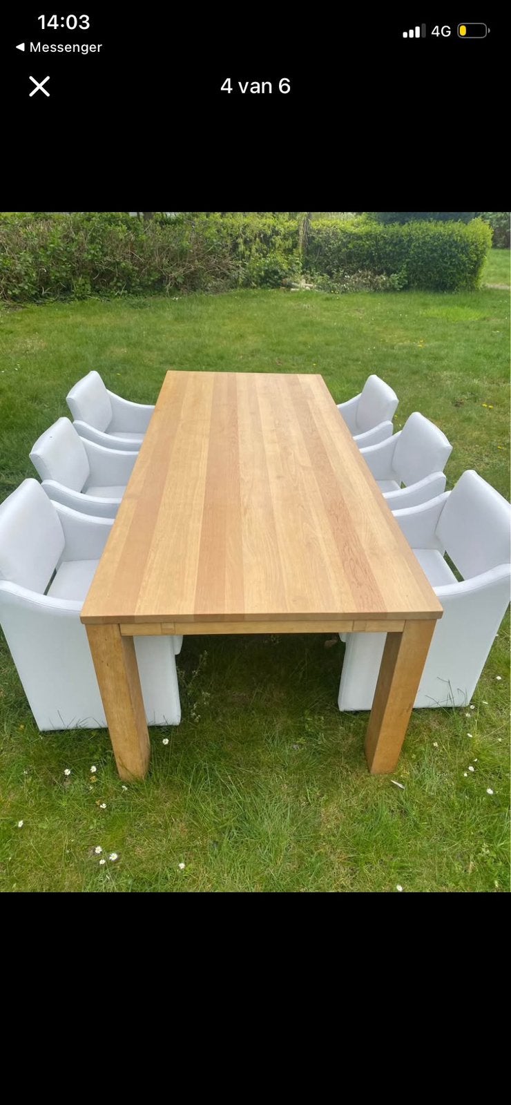 Hoge kwaliteit massief houten tafel met 6 stoelen op wielen, Tuin en Terras, Ophalen, Zo goed als nieuw, Hout