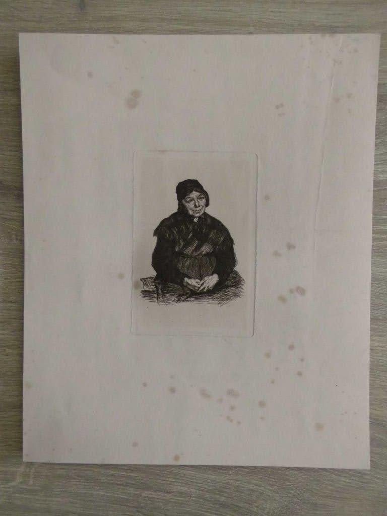 Ets Karel Ooms. Vrouw met handen in schoot. Omstreeks 1880., Ophalen, Ets, 1800 - 1899