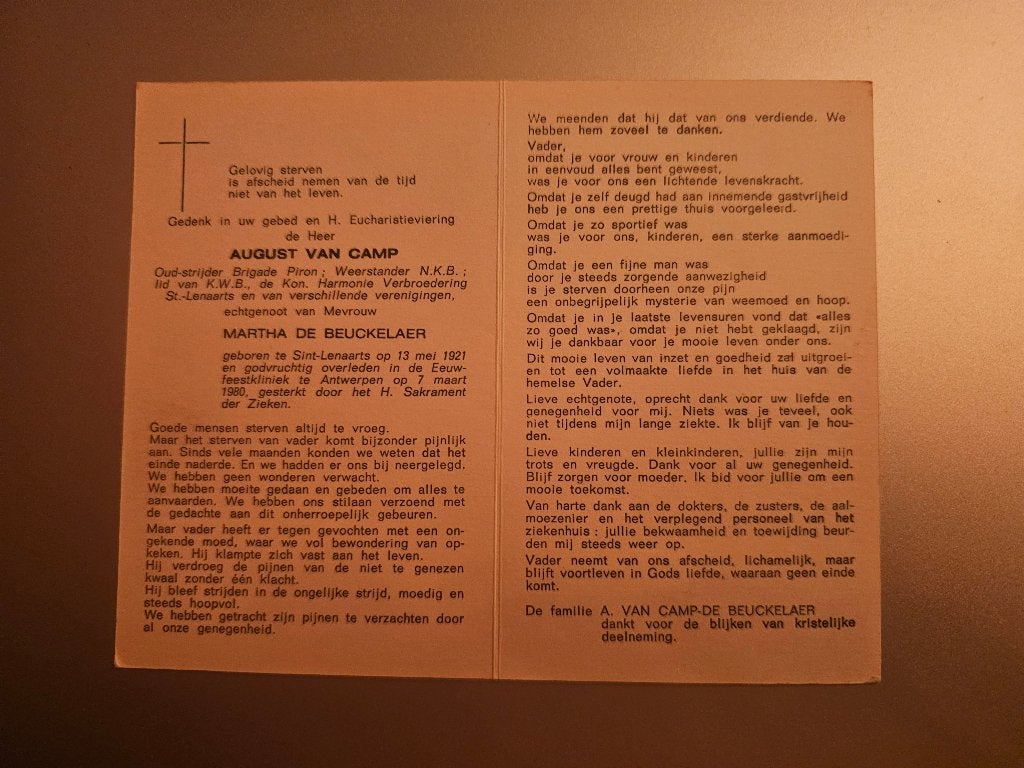 Brigade Piron Van Camp August, Verzamelen, Ophalen of Verzenden, Bidprentje