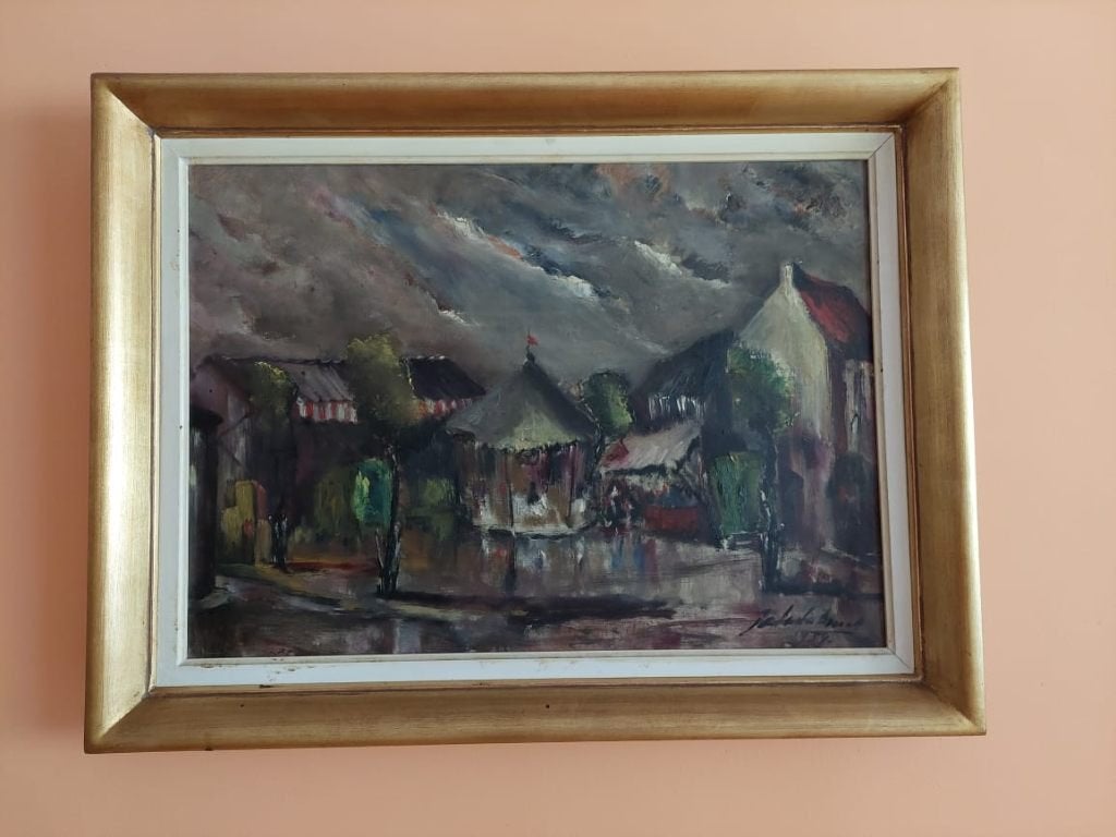 Peinture à l'huile vintage avec cadre en bois — 8363 cm, Maison & Meubles, Accessoires pour la Maison | Cadres, Enlèvement, Utilisé