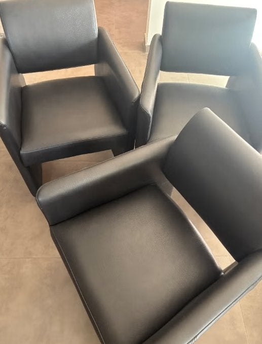 6 zwarte lederen moderne stoelen, Huis en Inrichting, Ophalen, Gebruikt, Zwart, Leer