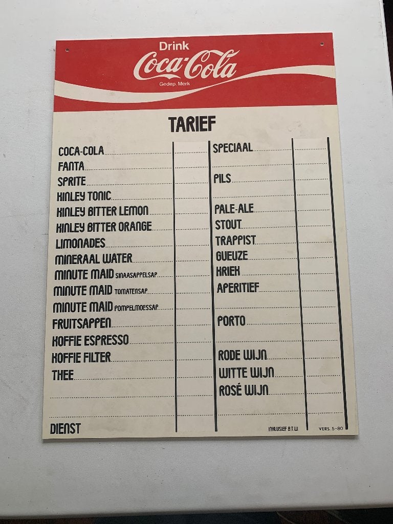 Oude menu prijslijst Coca Cola, Verzamelen, Ophalen, Nieuw