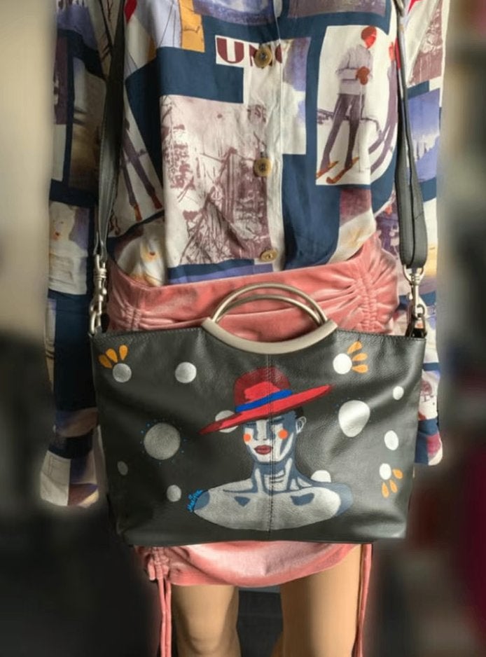 Sac en cuir gris au design vintage unique, Enlèvement ou Envoi, Comme neuf, Gris, Sac à main