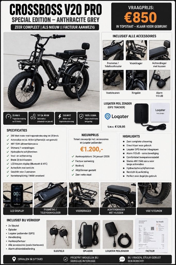 CrossBoss V20 Pro incl GPS tracker abo/slot/garantie/263km, Fietsen en Brommers, Ophalen, Nieuw, 50 km per accu of meer, Overige merken