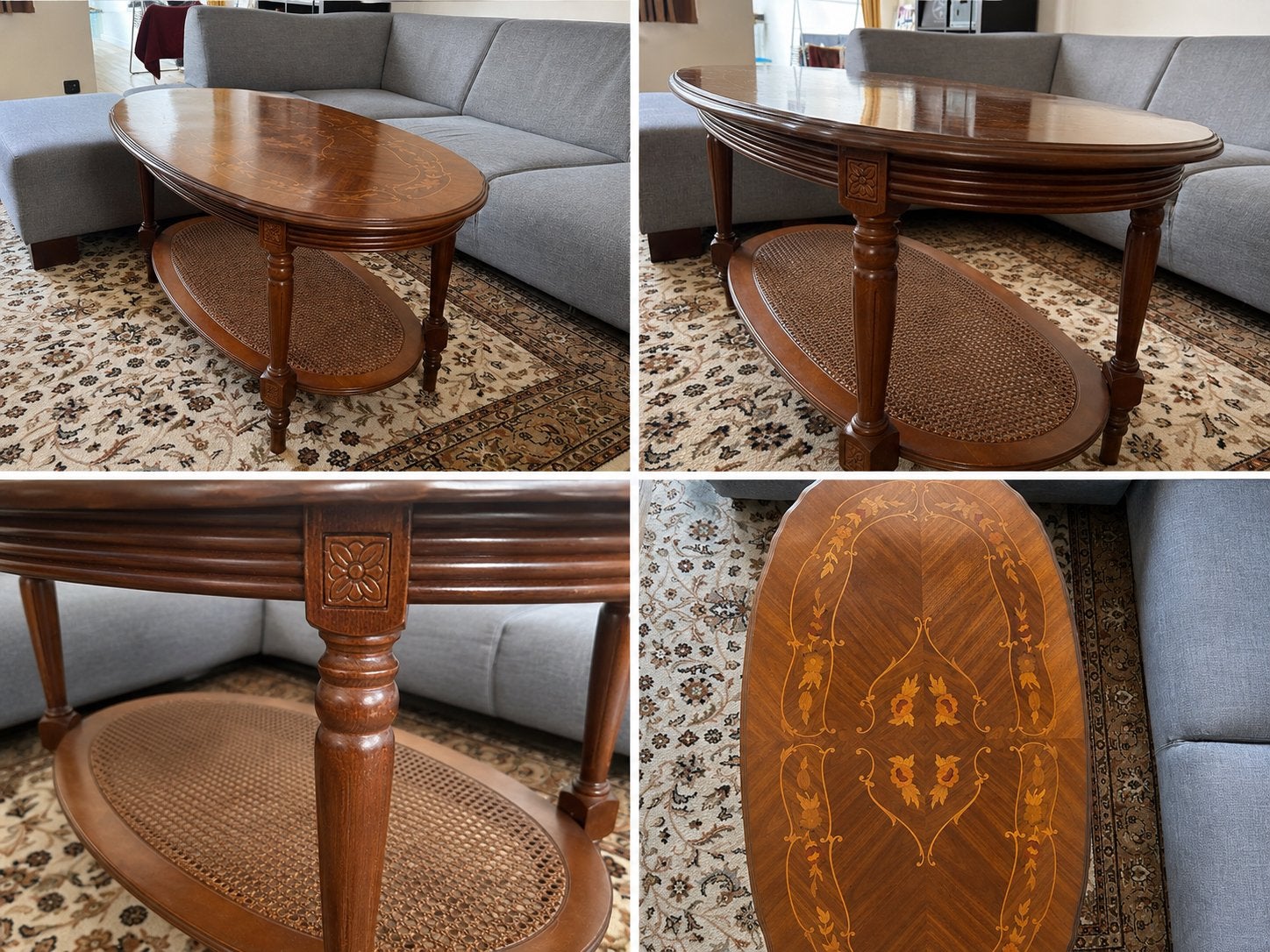Table basse ovale vintage avec marqueterie, Frans / Louis XV-geïnspireerd, Cerisier, Comme neuf, Enlèvement