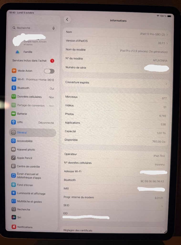iPad Pro 12,9" 1To  Wi-Fi + Cellulaire – Argent, Informatique & Logiciels, Enlèvement ou Envoi, 13 pouces ou plus, Utilisé, Wi-Fi et Web mobile