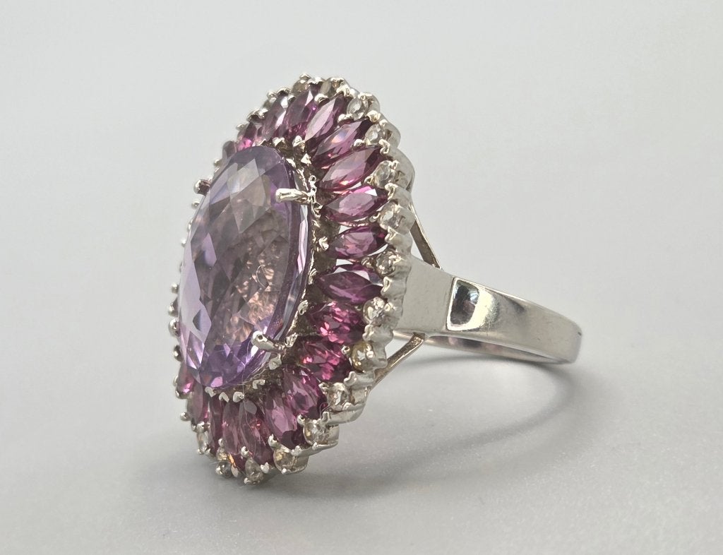 Vintage ring amethist, toermalijn en witte topaas. 2026/418, Handtassen en Accessoires, Ringen, 19 tot 20, Ophalen of Verzenden