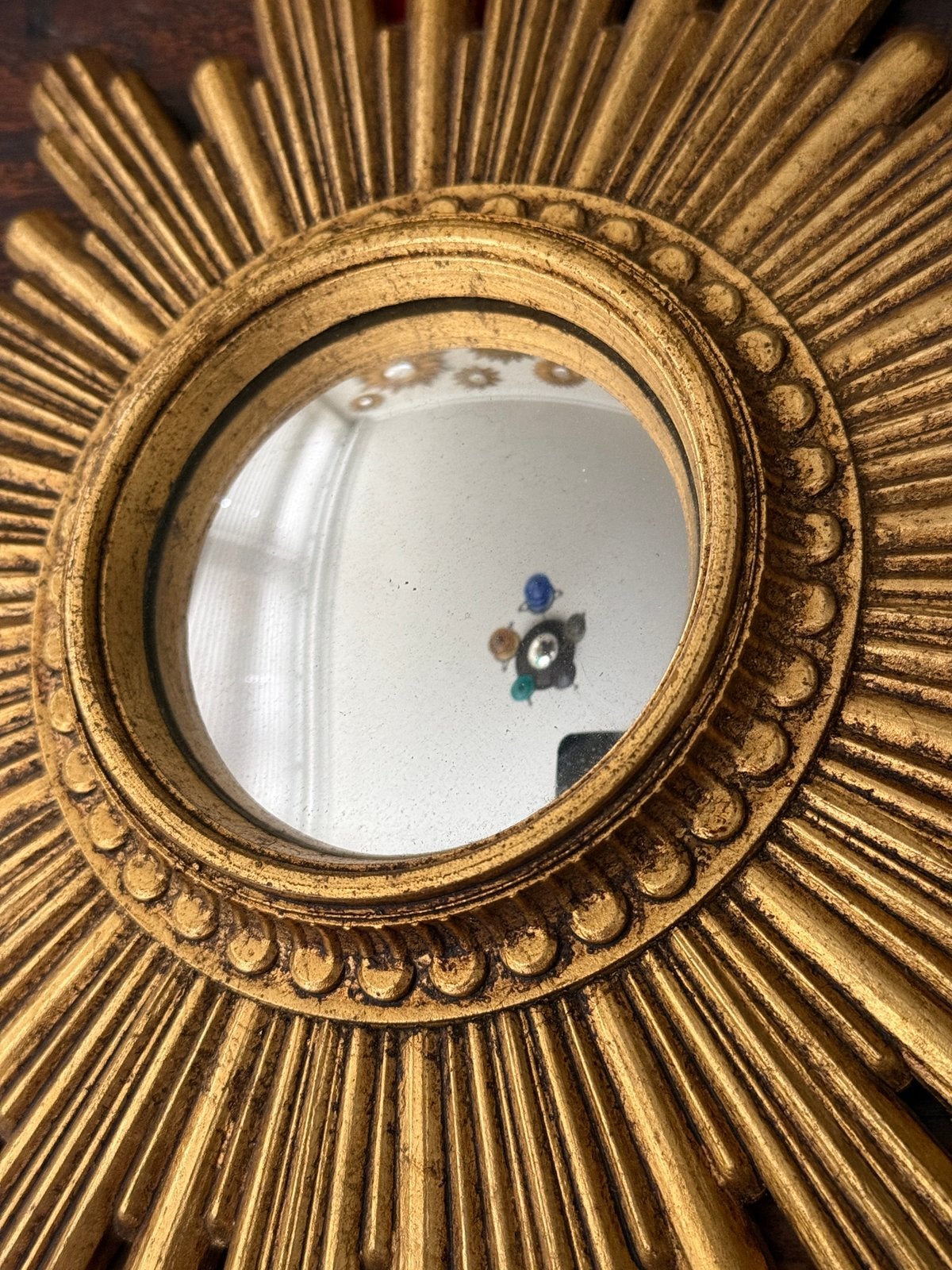 Vintage zonnespiegel, Hollywood regency, design spiegel, Antiek en Kunst, Ophalen, Rond, Minder dan 50 cm, Minder dan 100 cm