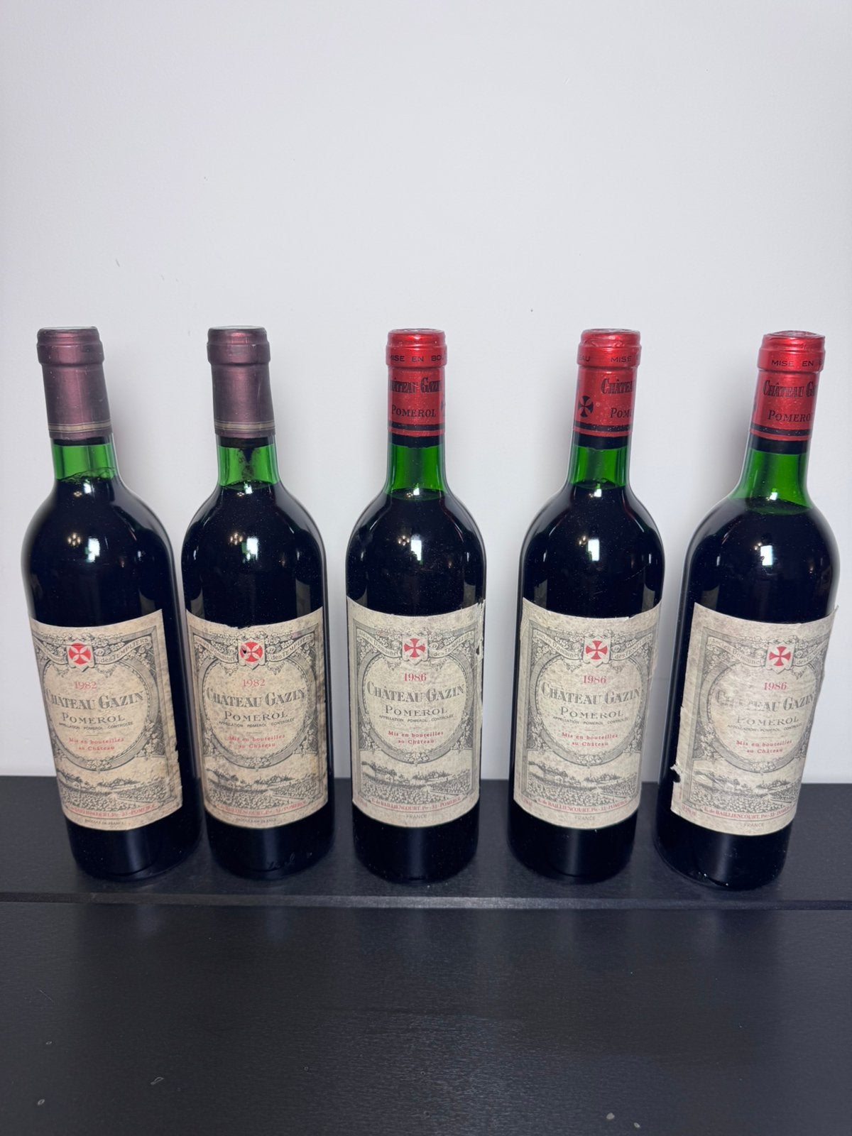 2 Château Gazin 1982 + 3 Château Gazin 1986, Verzamelen, Ophalen of Verzenden, Zo goed als nieuw