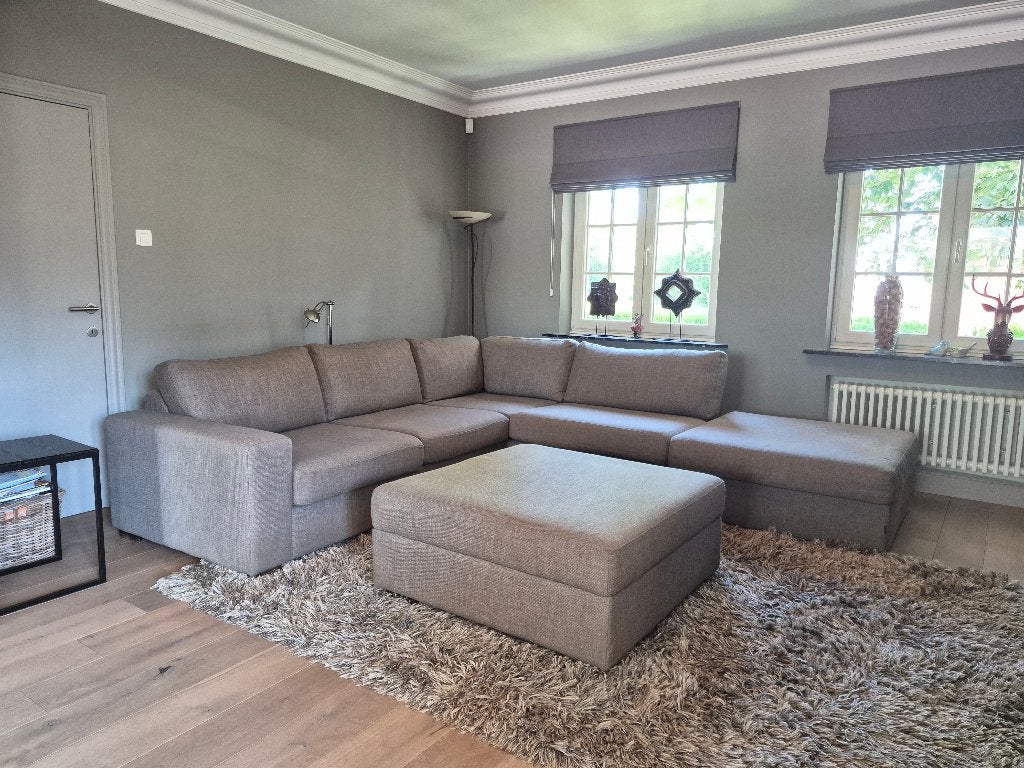 Hoeksalon met 2 poefen, Ophalen, Gebruikt, Stof