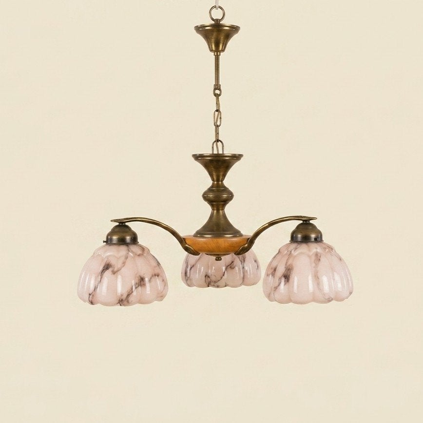 Lustre vintage 3 branches laiton, bois & verre, Maison & Meubles, Enlèvement, Utilisé, Verre, Vintage