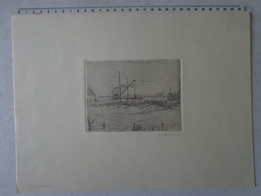 Ets Jaak Gorus Sint-Anneke zicht op Antwerpen rechteroever, Ophalen of Verzenden, Landschap, Ets, Origineel