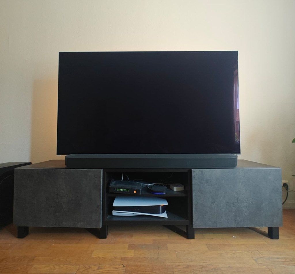 Meuble TV IKEA BESTÅ — effet béton — 1 an — excellent état, Enlèvement, Comme neuf, Design