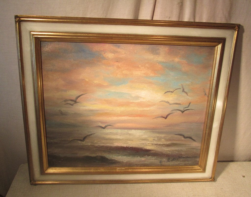 Mooi Geschilderd Werk 'Vogels boven de Zee' - gesigneerd, Maritiem / water, Doek, Ophalen of Verzenden, Bijzondere lijst