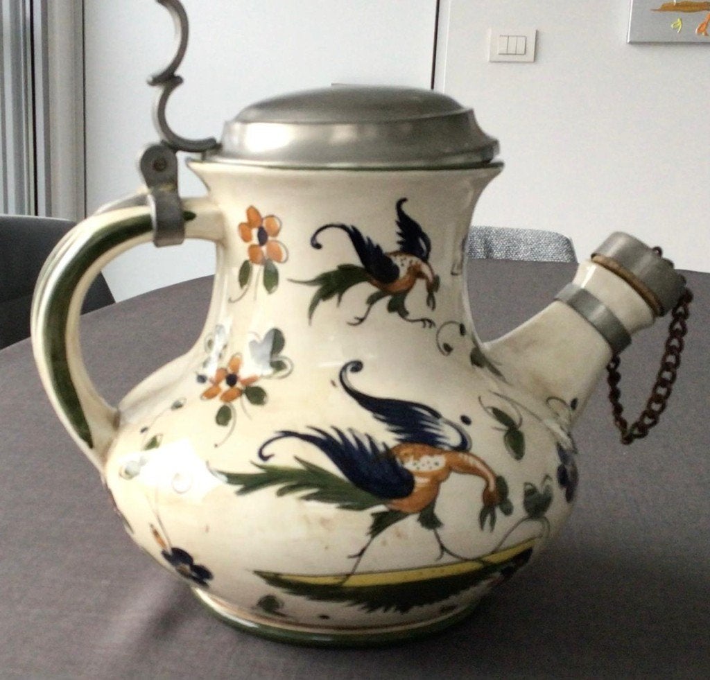 Capodimonte Keramische wijnkan met tinnen deksel, Antiek en Kunst, Antiek | Keramiek en Aardewerk, Ophalen of Verzenden