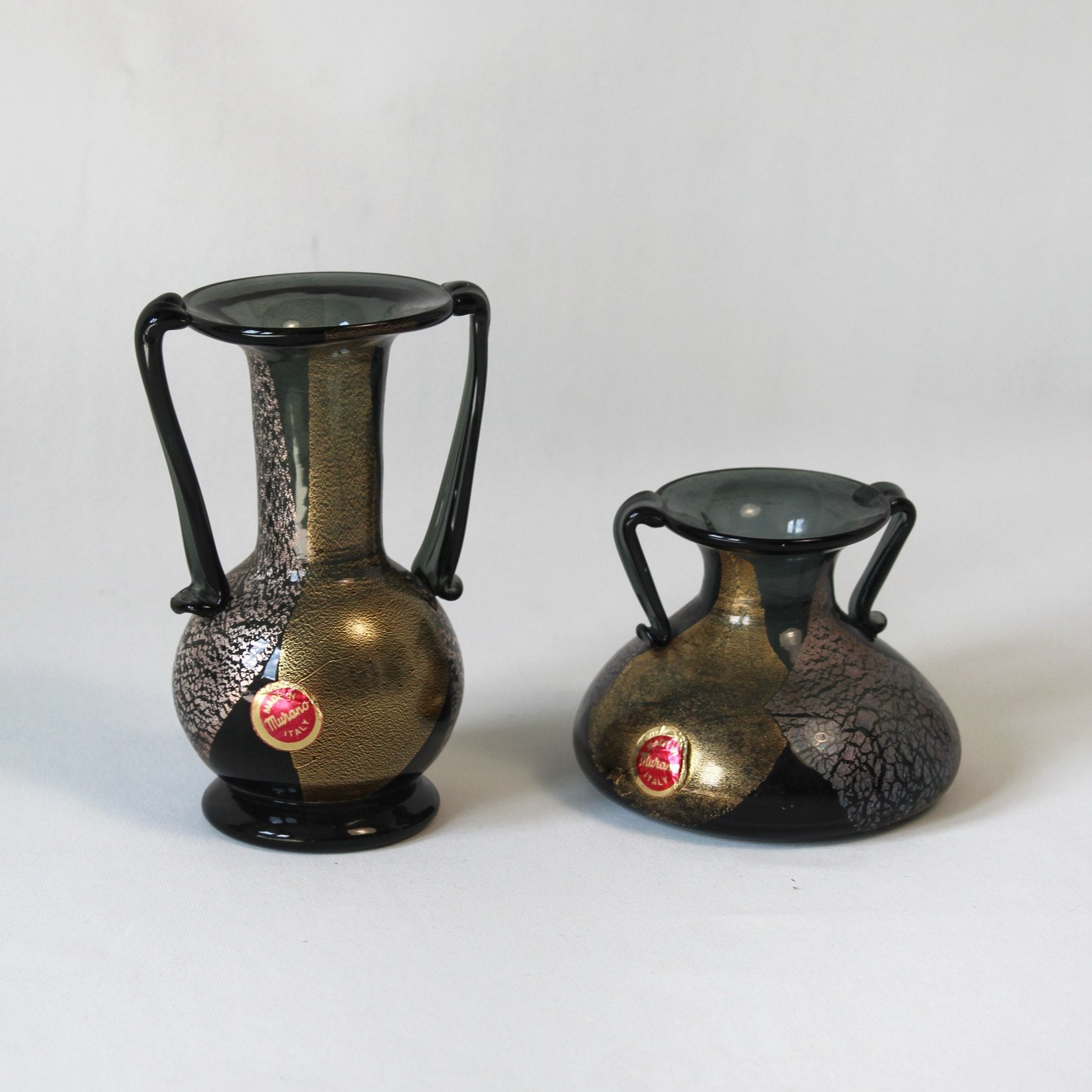 Set Vintage Murano Glazen Vaasjes – Goud & Zilver + stickers, Antiek en Kunst, Ophalen of Verzenden