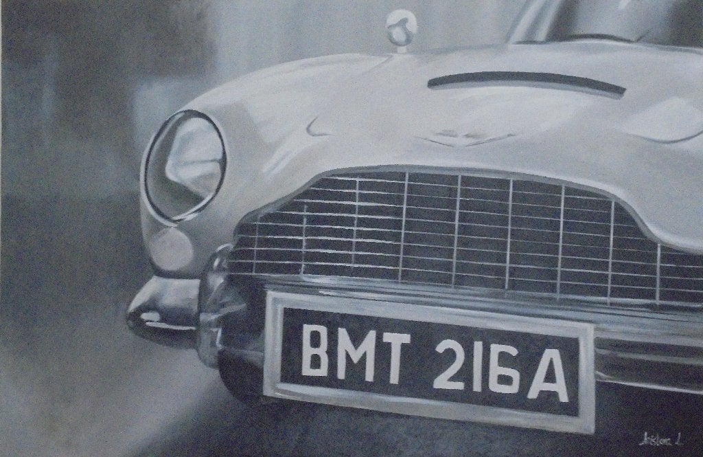 grande peinture à l'huile Aston Martin DB5 (75x115), Peinture à l'huile, Enlèvement ou Envoi, Autres matériaux, Véhicules