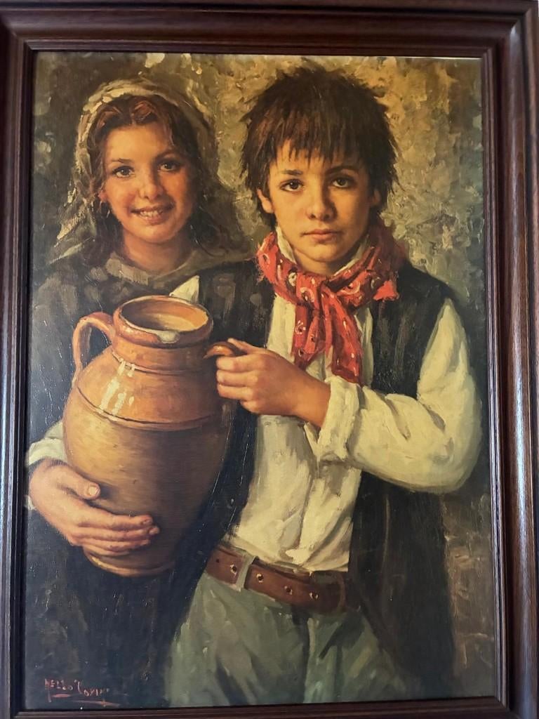 Schilderij Kinderen met kader, Antiek en Kunst, Ophalen