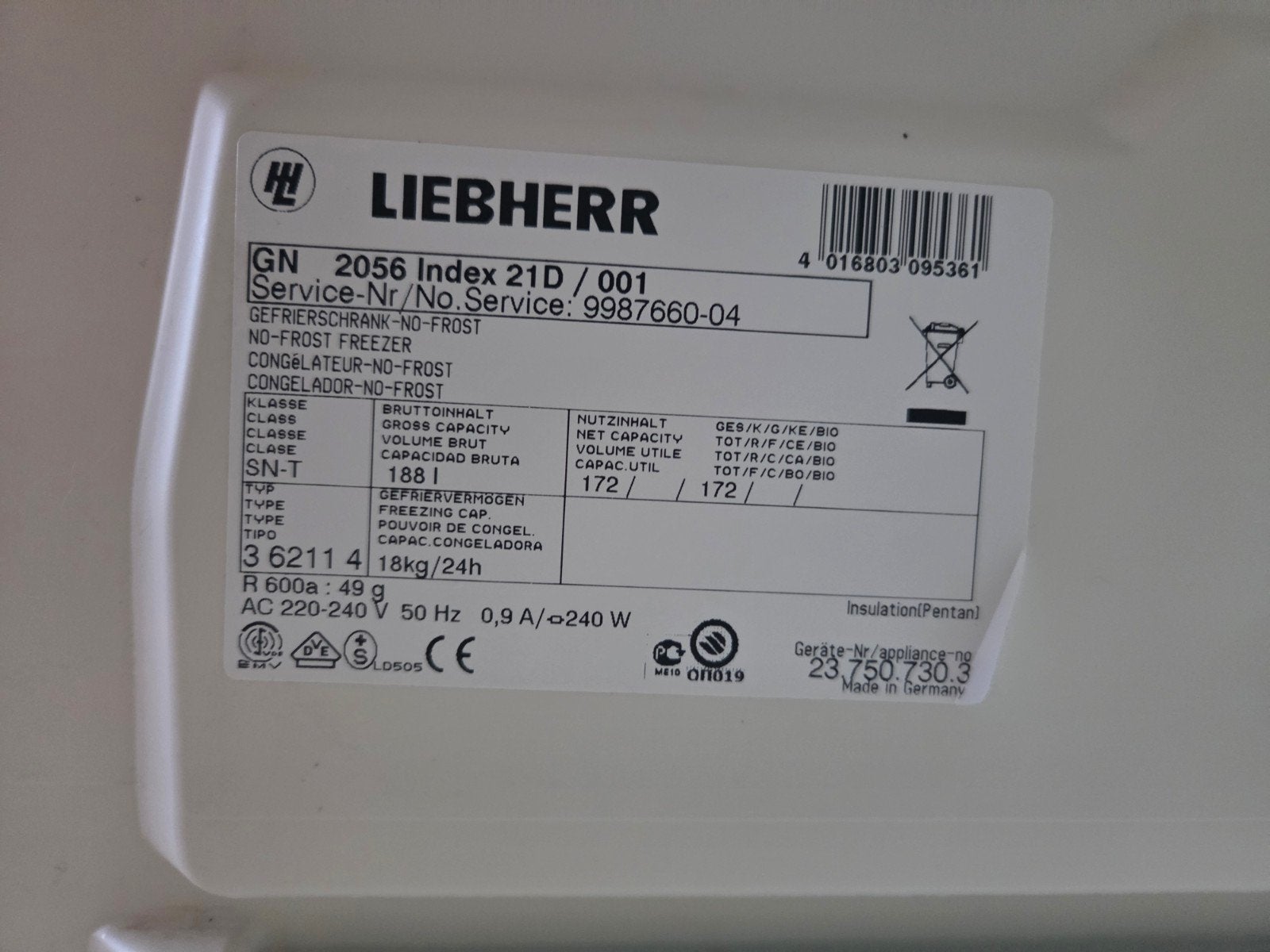 LIEBHERR Diepvrieskast NoFrost, Congélateur, 160 cm ou plus, Enlèvement, Utilisé