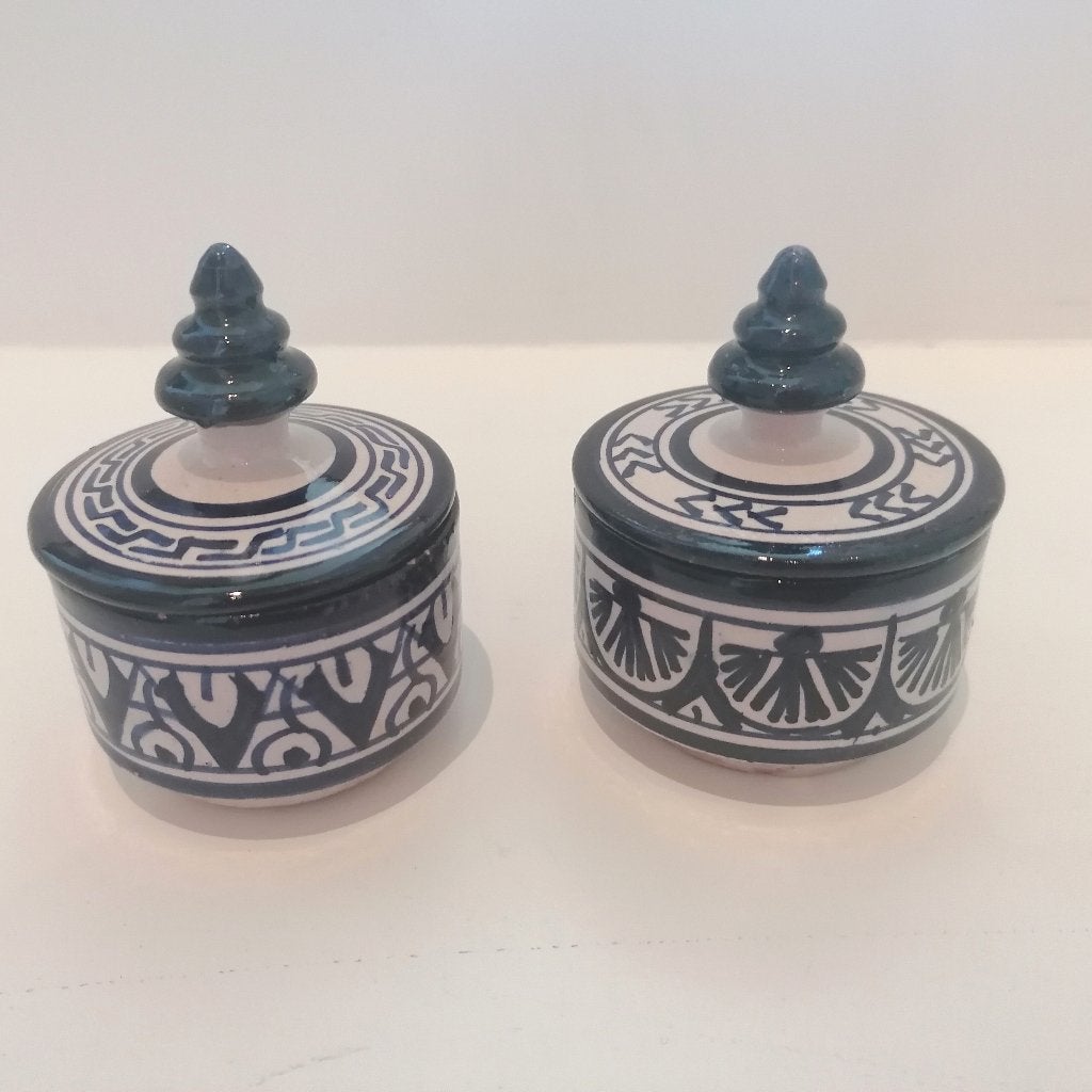 2 vintage Marokkaanse handgeschilderde keramiek dekselpotjes, Ophalen of Verzenden