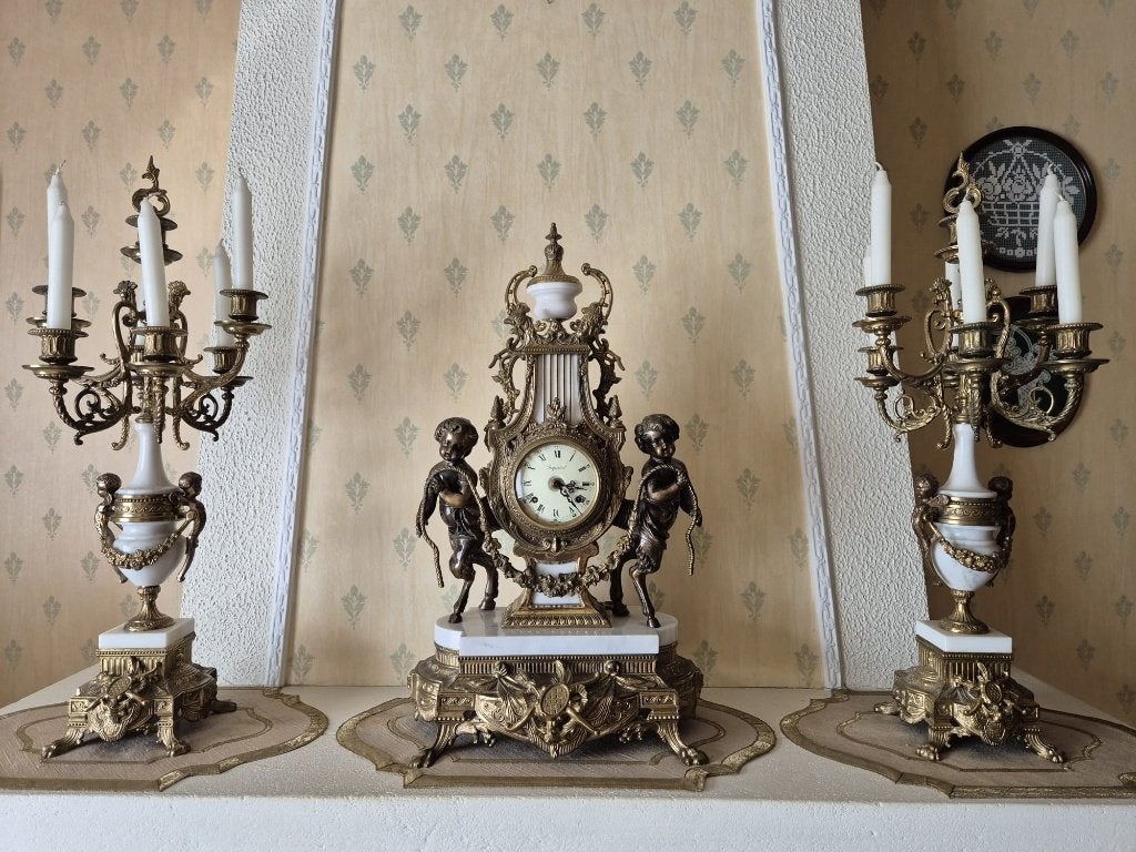 Antieke brozen klok IMPERIAL met bijhorende kandelaars, Antiek en Kunst, Antiek | Klokken, Ophalen